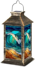 Solar Lantern Intricate Stained Glass Window Beach Waves Sunset Amber Glow Outdoor Waterproof Garden Hanging Lantern Solar Powered Lighting Outside Table Lamp for Patio Deck Camping 1 Pack by Unknown