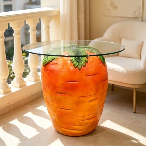16" Carrot Shaped Resin Side Table with Glass Top, Whimsical Fruit Accent End Table for Living Room, Bedroom, Patio, Garden & Indoor Outdoor Decor by Unknown