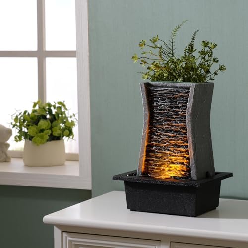 GOSSI Tabletop Water Fountain with LED Lights, Indoor Waterfall Fountain for Home Office Bedroom Decor, Includes Plastic Pots for Plant Growing, Relaxation Desk Accessory (24285) by GOSSI
