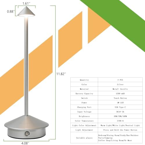 2 Pack Cordless LED Table Lamp, Rechargeable 5200mAH Battery Operated Lamp for Decor, 3 Color Stepless Dimming Desk Lamps, for Restaurant, Bedroom, Outdoor Camping, Coffee Shop, Night Light - Image 4