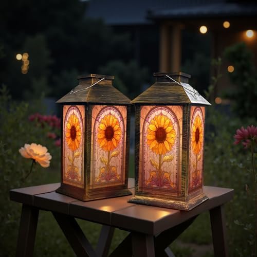 Stained Glass Style Solar Lantern Outdoor Garden Hanging Lantern Vintage Floral Stained Glass Window Design Yellow Orange Waterproof Solar Powered Lighting Outside Table Lamp for Patio Deck Yard - Image 6