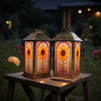 Stained Glass Style Solar Lantern Outdoor Garden Hanging Lantern Vintage Floral Stained Glass Window Design Yellow Orange Waterproof Solar Powered Lighting Outside Table Lamp for Patio Deck Yard - Image 6