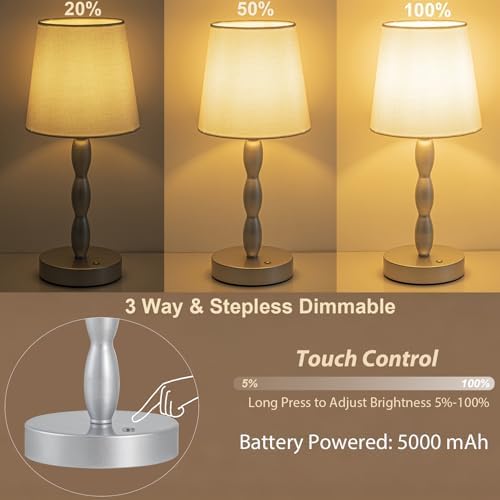 CASTLELIFE Rechargeable Cordless Table Lamp, 5000mAh Battery Powered Touch Desk Lamp, 3-Level & Stepless Dimmable Night Light, Portable Bedside Lamp for Bedroom, Outdoor, Bulb Included, Silver - Image 2