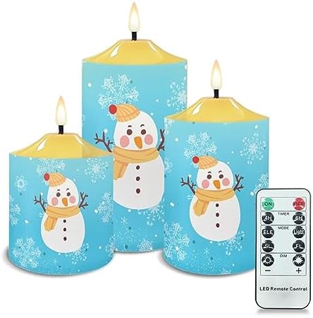 Cozeyat Flickering Flameless Candles with Remote, Long Lasting LED Tea Lights with Timer, Cute Winter Snowman Design Ivory Pillar Battery Operated Candles for Christmas Decoration by Cozeyat