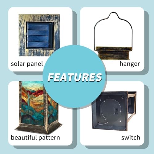Solar Lantern Western Landscape Stained Glass Cactus Turquoise Outdoor Waterproof Garden Hanging Lantern Solar Powered Lighting Outside Table Lamp for Patio Deck Camping 1 Pack - Image 4