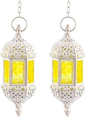 2 Pcs Moroccan Lantern Metalwork Hanging Tealight Candle Holder Metal Glass Indoor Outdoor Battery Operated LED Flameless with 35cm Chain, White by Nuptio
