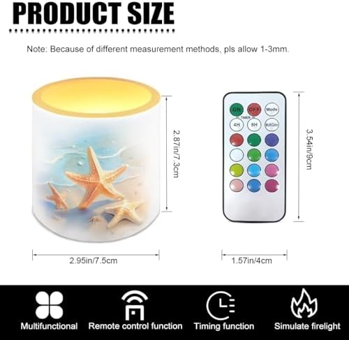 Starfish Beach Pattern 4 Packs Flameless LED Battery Candles with Colored Light Waterproof Pillar Fake Candles with Remote for Wedding Beach Party Decor Home Decoration - Image 7