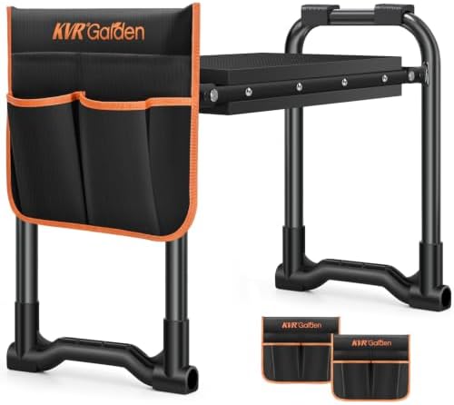 KVR Garden Kneeler and Seat with 2 Tool Pouches, Heavy Duty Foldable Gardening Stool, Portable Bench with Thick EVA Foam for Knee Support, Gifts for Seniors, Black/Orange by KVR