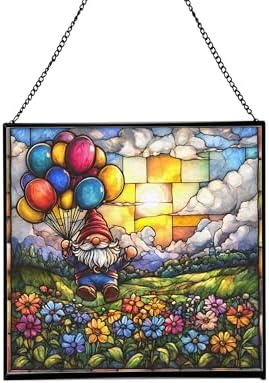 Gnome Balloon Festival Stained Glass Suncatcher – Square Hanging Window Panel for Home or Greenhouse – Whimsical Glass Art Gift for Garden Lovers, Christmas, Halloween, Father Days ifExoe by Custom