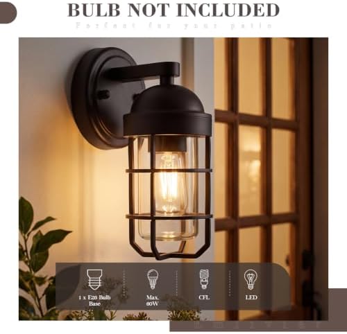 Emliviar Farmhouse Outdoor Wall Sconces, 2 Pack Vintage Exterior Light Fixtures with Nautical Metal Cage and Tempered Glass, Oil Rubbed Bronze Finish, GE255B-2PK ORB - Image 3