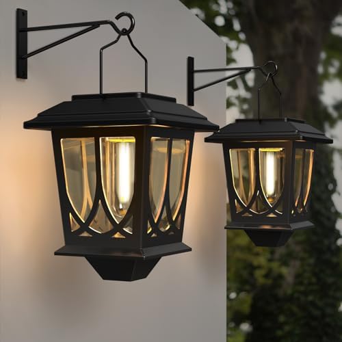 Solar Lanterns Outdoor Waterproof 2 Pack, Glass Auto On/Off LED Hanging Solar Lights, Outdoor Lantern with Wall Mount for Yard Fence Patio - Black by TEKLAPS