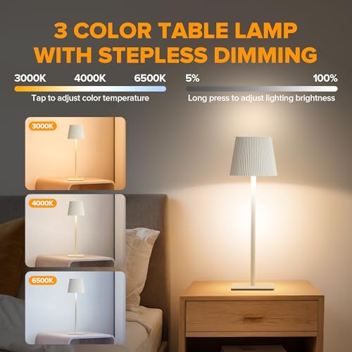 LUTEC 4 Pack Cordless Table Lamp,6000mAh Rechargeable Battery Operated Desk Lamp,Two Adjustable Heights,Waterproof, Touch Control & 3 Color Stepless Dimming for Restaurant/Bedroom/Bars/Outdoor (White) - Image 2