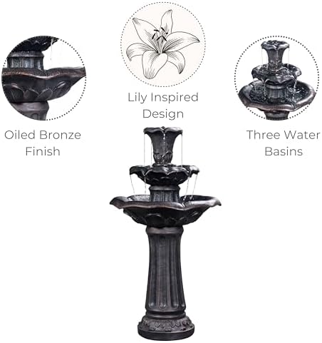 Teamson Home Lily Flower Floor Pedestal 3 Tiered Floor Waterfall Fountain with Pump for Outdoor Patio Garden Backyard Decking, 38 Inch Height, Dark Gray - Image 6