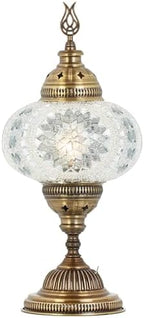 Turkish Moroccan Mosaic Battery-Operated Table Lamp – 12” H, 5” W, Portable Stained Glass Lantern for Indoor & Outdoor Use, Cordless Handmade Decorative Light for Bedroom, Patio & Camping, White Clear - Image 2