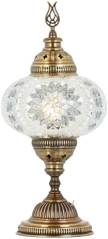 Turkish Moroccan Mosaic Battery-Operated Table Lamp – 12” H, 5” W, Portable Stained Glass Lantern for Indoor & Outdoor Use, Cordless Handmade Decorative Light for Bedroom, Patio & Camping, White Clear - Image 2
