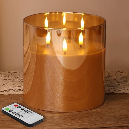 Eywamage Large 3 Wick Gold Glass Flameless Pillar Candle with Remote by EywamageCandles