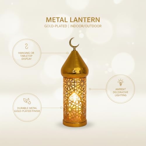 Hang or Display Moroccan-Style Metal Lantern with Gold Finish for Ambient Candle Lighting - Image 4