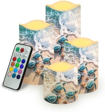 Beach Turtle LED Flameless Candles with Remote Timer Battery Powered Pillar Fake Lights Pack of 4 Waterproof Electric Candles for Bathroom Decor Mothers Day Gifts for Mom by YUVAMAGIMO