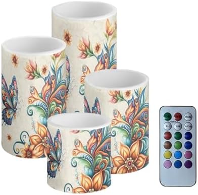 GLENLCWE Sunflower Butterfly Flameless Candles Battery Powered LED Candle with Remote Timer Color Changing Control Set of 4 for Indoor Outdoor Beach Wedding Coastal Home Decorations by GLENLCWE