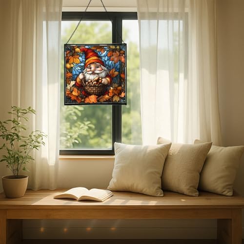 Gnome with Acorn Basket Stained Glass Suncatcher – Square Hanging Window Panel for Home or Greenhouse – Whimsical Glass Art Gift for Garden Lovers, Christmas, Halloween, Father Days hZKufe - Image 7