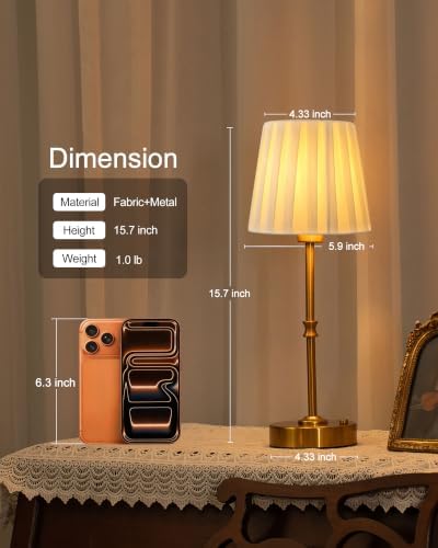 EppieBasic Cordless Table Lamp Rechargeable: Fast Charging & Long Lasting - 2700K Warm Light Vintage Gold Lamps - Dinning Living Room Bedroom - Pleated Shade - 2 Pack - Image 7