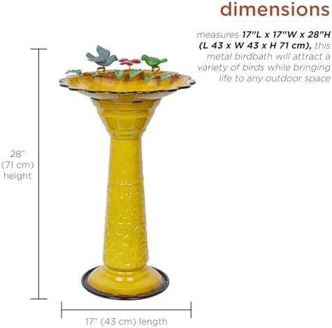 Alpine Corporation ORS112YL Vintage Metal Pedestal Birdbath with Stand, Shallow Bird Bath Bowl for Outside, 28" H, Yellow - Image 3