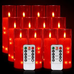 12‑Pack Red Flameless LED Candles(D 2.2" xH 5" 6" 7") with Embedded String Lights,Acrylic Pillar Candles with 2 Remote Timers, Battery‑Operated for Christmas, Halloween & New Year Decor. - Image 2