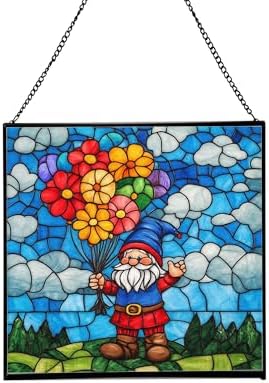 Balloon Bouquet Gnome Stained Glass Suncatcher – Square Hanging Window Panel for Home or Greenhouse – Whimsical Glass Art Gift for Garden Lovers, Christmas, Halloween, Father Days 6StD07 by Custom