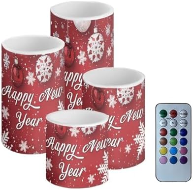 GLENLCWE Red Happy New Year Flameless Flickering LED Candles for Women Ladies,Chic Home Decoration Candles Indoor Outdoor Party Candles, 4 Pcs,Remote Control by GLENLCWE