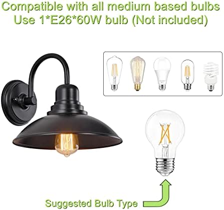 2 Pack Black Outdoor Wall Sconce, Modern Farmhouse Gooseneck Barn Light with E26 Socket, Anti-Rust Metal Vanity Light for Indoor & Outdoor Use - Bathroom, Entryway, Hallway, Garage, Porch - Image 3
