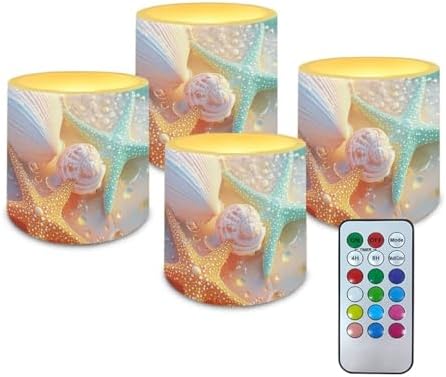 Shell Starfish Battery Operated Flameless Candles with Timer LED Candles with Remote for Outdoor Porch Beach Coastal Room Decoration Electric 4Pcs Plastic Pillar Lights Bulk by Merkmak