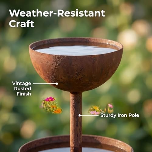 Water Barrels Rain Catcher from Gutter - Metal Flower Garden Stakes Bird Bath, 3-Tier Butterfly Feeder and Bird Water Bowl, Faux Rust Iron Garden Accessories Outdoor for Butterfly Garden Decor (3) - Image 6