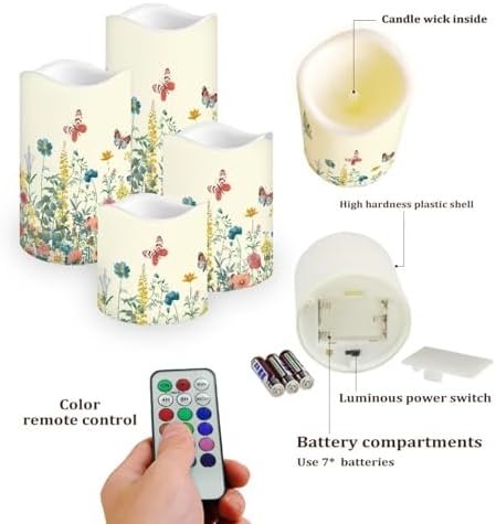 Flameless Pillar Candles Set of 4 Battery Operated Candles with Timer Remote and Color Changing Led Candles Tea Light Fake Candles Living Room Home House Decor Floral and Butterfly - Image 3