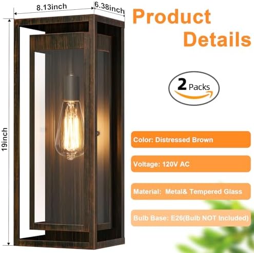 19" Large Outdoor Wall Light Fixtures,Distressed Brown Porch Light - Image 4