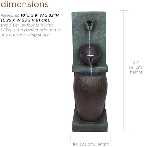 Alpine Corporation TZL388 32" 3 Tier Jar Fountain with LED Lights, Elegant Outdoor Water Feature for Garden, Patio, Backyard, Home Décor, Ceramic Water Fountain & Landscape Decorations, Gray - Image 3