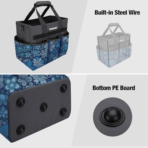WORKPRO Garden Tool Bag, 10 Pockets and Shoulder Strap, Floral Blue - Image 5