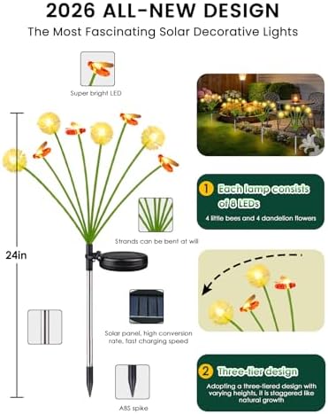 EEW Solar Garden Lights Outdoor 8 Pack 64 LED Swaying Dandelion Bee Lights - Image 3
