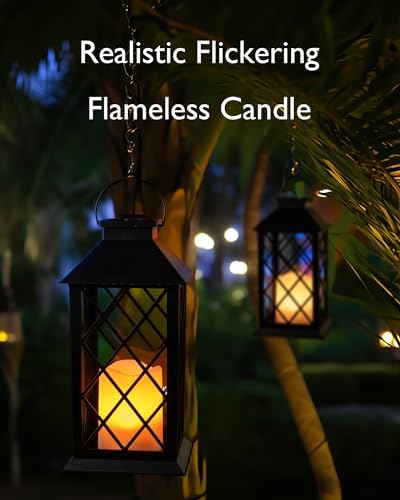 Homemory 2 Pack 13'' Black Solar Lanterns, Flickering Flame Hanging Lights - Image 2