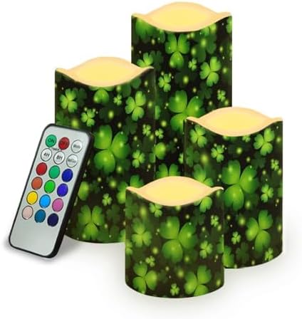 Green Leaf Pattern Flameless Candles LED Pillar Candles Battery Operated Candles with Remote and Timers Color Changing Electric Fake Plastic Candles St. Patrick's Day Decor by Uorisanigo