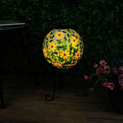 Alpine Corporation 10" Diameter Outdoor Solar Floral Mosaic Glass Gazing Globe with Metal Stand, Gazing Balls Yard Decor, 17" H - Yellow - Image 2