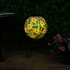 Alpine Corporation 10" Diameter Outdoor Solar Floral Mosaic Glass Gazing Globe with Metal Stand, Gazing Balls Yard Decor, 17" H - Yellow - Image 2