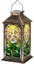 Solar Lantern Outdoor Garden Hanging Lantern Stained Glass Artwork White Flowers Green Leaves Warm Sunset Waterproof Solar Powered Lighting Outside Table Lamp for Patio Deck Yard Camping by Unknown