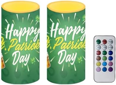 Pack of 2 Happy St Patrick's Day Flameless Candles Battery Operated Candles with Remote and Timers Flickering LED Elictric Pillar Tealights for Party Patio Porch Decorations by Merkmak