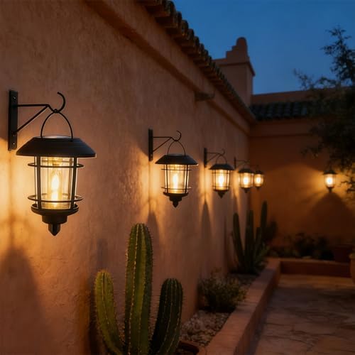 Dynaming 4 Pack Solar Lanterns Outdoor, Hanging Lantern Solar Garden Lights with Edison Bulb, Wall Mounted LED Light Auto On/Off, Waterproof for Garage Stair Patio Front Porch Yard, Warm White - Image 7