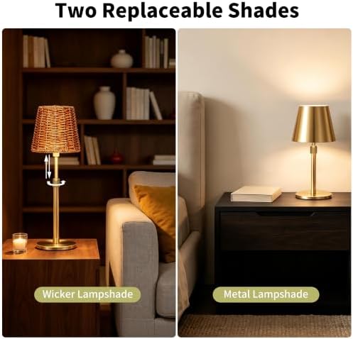 Outdoor Waterproof Rechargeable Cordless LED Table Lamp with Telescopic Pole and Wicker Shade, 5200mAh Touch Dimmable Battery Operated Table Light for Patio Restaurant Kitchen (Gold 2 Pack) - Image 4