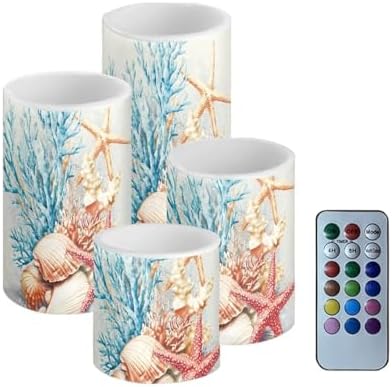 GLENLCWE Blue Beach Starfish Seashell Flameless Candles Battery Powered LED Candle with Remote Timer Color Changing Control Set of 4 for Indoor Outdoor Beach Wedding Coastal Home Decorations by GLENLCWE
