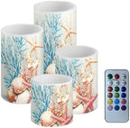 GLENLCWE Blue Beach Starfish Seashell Flameless Candles Battery Powered LED Candle with Remote Timer Color Changing Control Set of 4 for Indoor Outdoor Beach Wedding Coastal Home Decorations by GLENLCWE