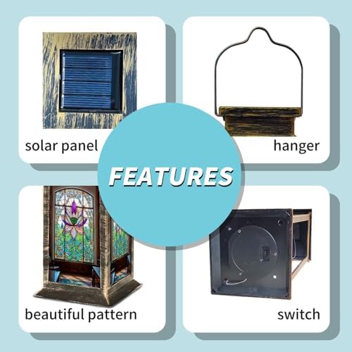 Solar Lantern Victorian Stained Glass Lotus Patterns Outdoor Waterproof Garden Hanging Lantern Solar Powered Lighting Outside Table Lamp for Patio Deck Camping 1 Pack - Image 4