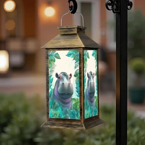Solar Lantern Outdoor Waterproof Watercolor Hippo Portrait Cute Boho Feathers Prints Animals Posters Garden Decor LED Hanging Solar Lights Tabletop Lamp Gifts for Women Mom Outside Yard Patio Porch by DERUINVAIO