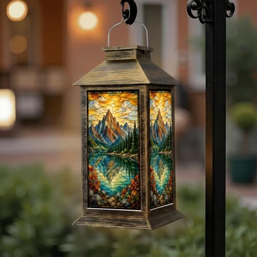 Solar Lantern Stained Glass Landscape Outdoor Waterproof Garden Hanging Lantern Solar Powered Lighting Outside Solar Light for Patio Yard Camping, Gifts for Women Mom - Image 6